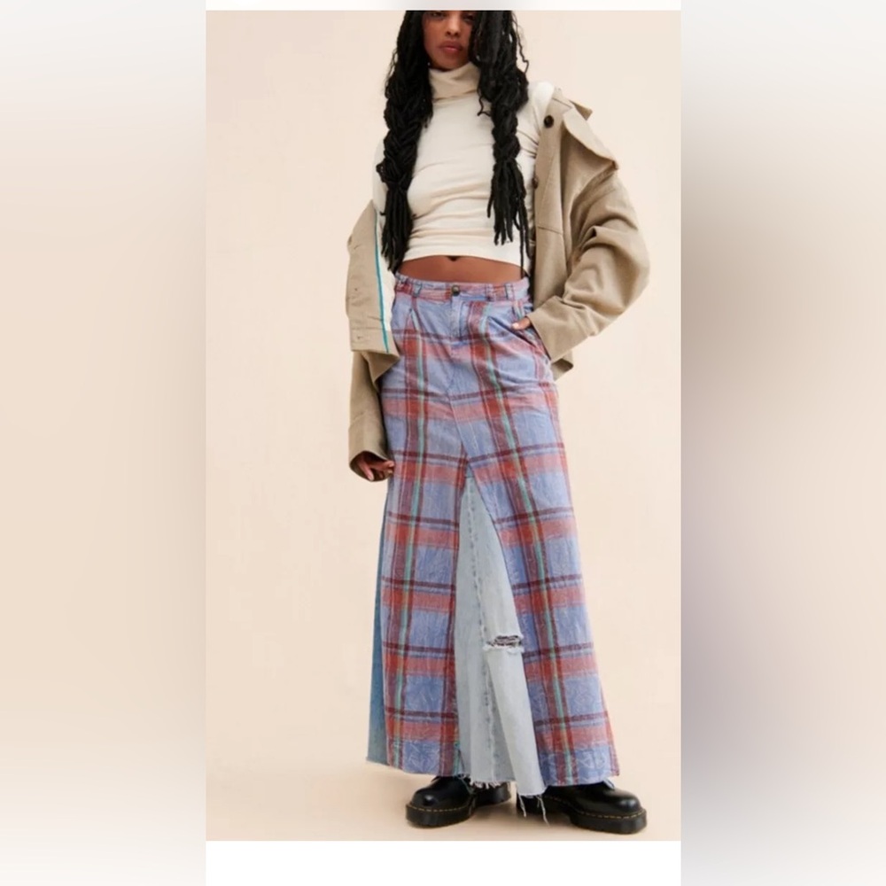 Free People Tricia Fix Plaid Denim Maxi Skirt Reworked Wine Blue